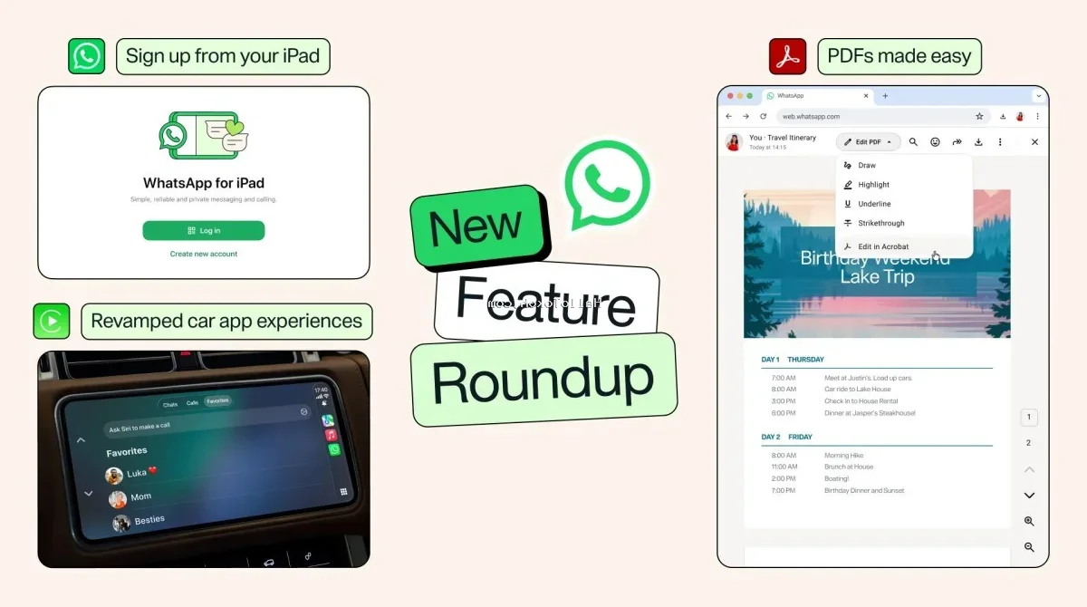 WhatsApp Four New Features Release Update and Deep Dive Analysis<span class="gemini-post-meta-desc" style="display: block; font-size: 16px; color: #555555; line-height: 1.6; margin-top: 10px; margin-bottom: 10px; font-weight: 400; font-family: sans-serif; text-transform: none; letter-spacing: normal;">Explore the complete details of the latest WhatsApp update featuring native iPad support, advanced document editing, vehicle infotainment integration, and music sharing.</span>